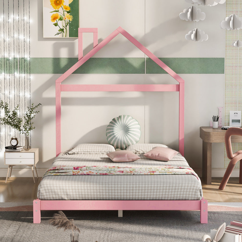 Gewnee Full Wood Platform Bed with House-shaped Headboard in Pink