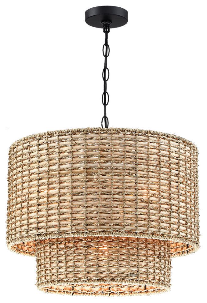 20" W 4-Light Rattan Tiered Drum Chandelier Light With Black Canopy