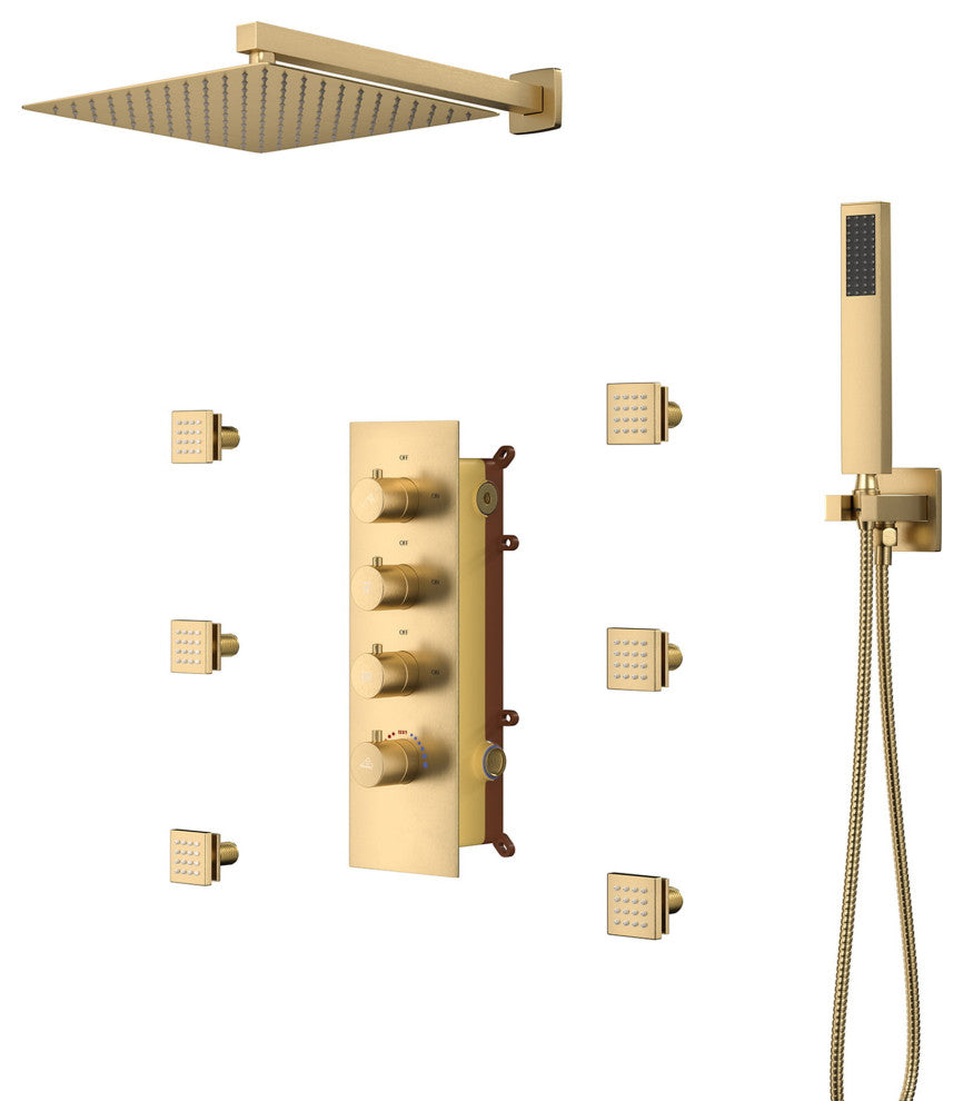CASAINC 12" Wall Mounted Luxury Shower System Set w 6 Body Jets, Brushed Gold