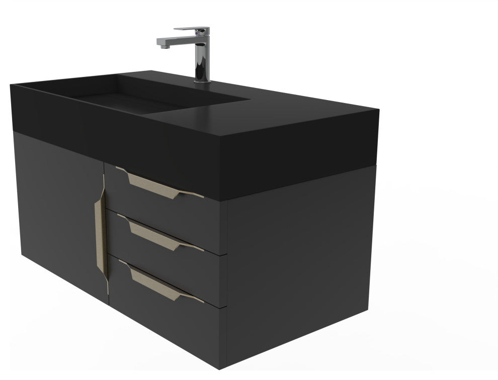CastelloUSA Amazon 36" Wall Mount Vanity Set, Black, Black Top, Gold Handles