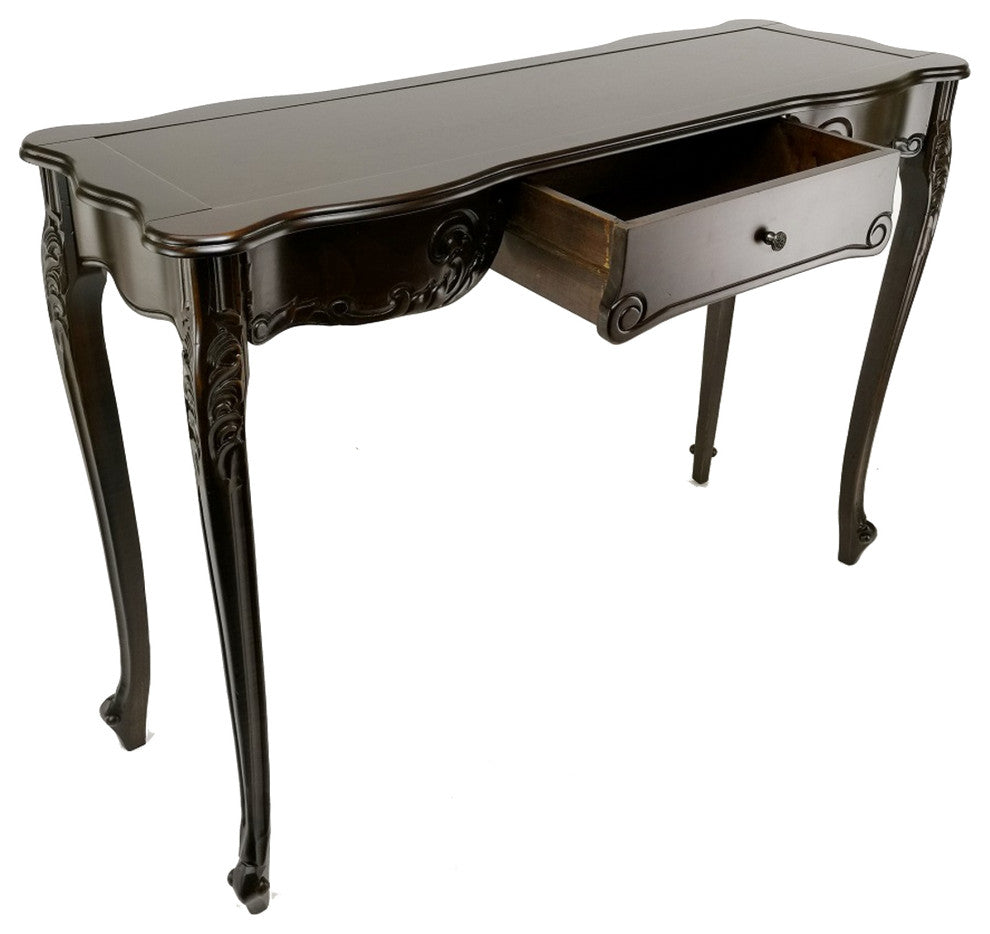 Benzara BM284648 Classic Wood Console Table, 1 Drawer, Floral Cared, Brown
