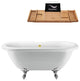 67" White Clawfoot Tub and Tray, Chrome Feet, Gold External Drain