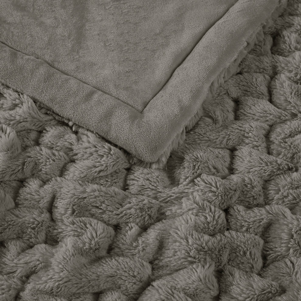 Madison Park Ruched Fur Throw, Grey