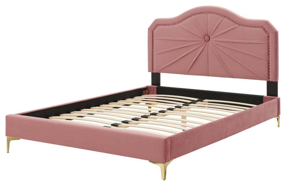 Platform Bed Frame, Twin Size, Velvet, Pink, Modern Contemporary, Bedroom Master