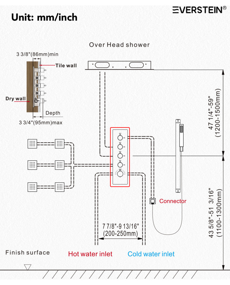 LED Thermostatic Shower System Rain Shower Head With 6 Body Jets, Brushed Nickel, 23"x15", Slide Bar