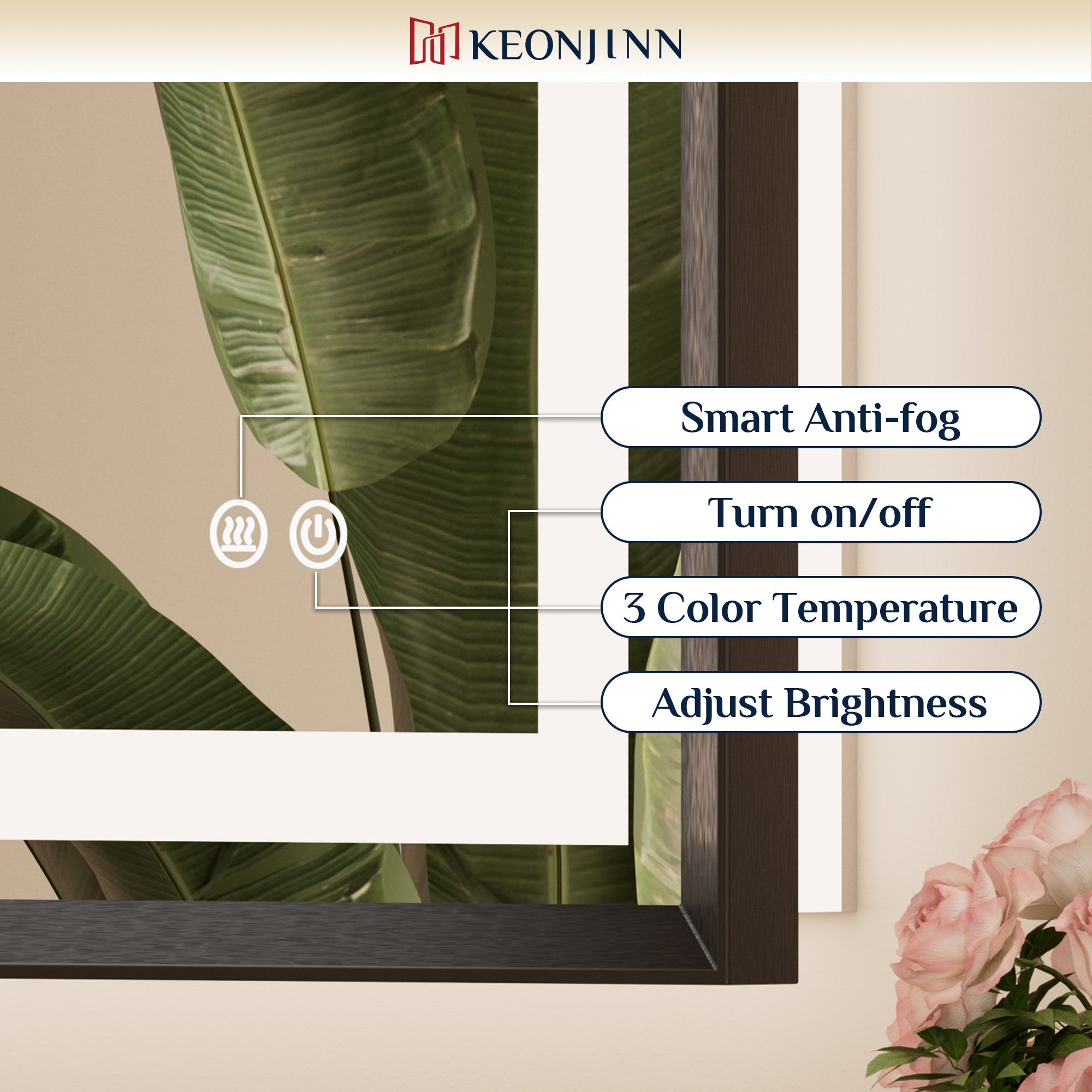 LED Vanity Mirror With Lights Metal Framed Front & Backlit, Dimmable, Black, 55x36