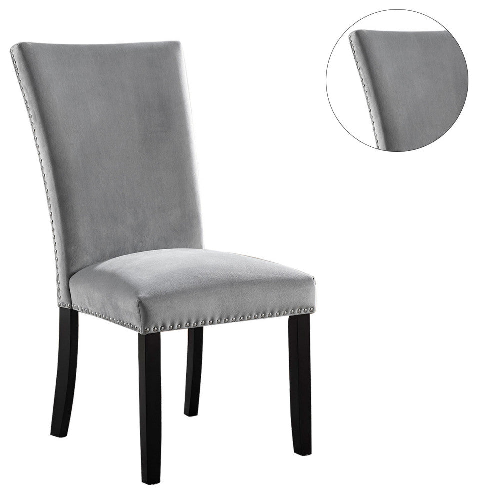 Flannelette And Wooden Side Chair Of 2 with Backrest Design, Light Gray
