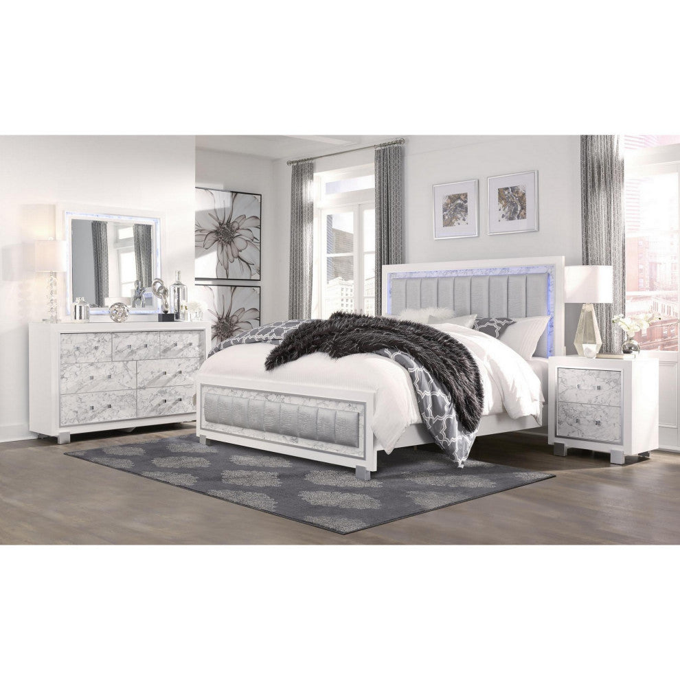 HomeRoots Modern White Nightstand With 2 Faux Marble Detailed Front Drawer.