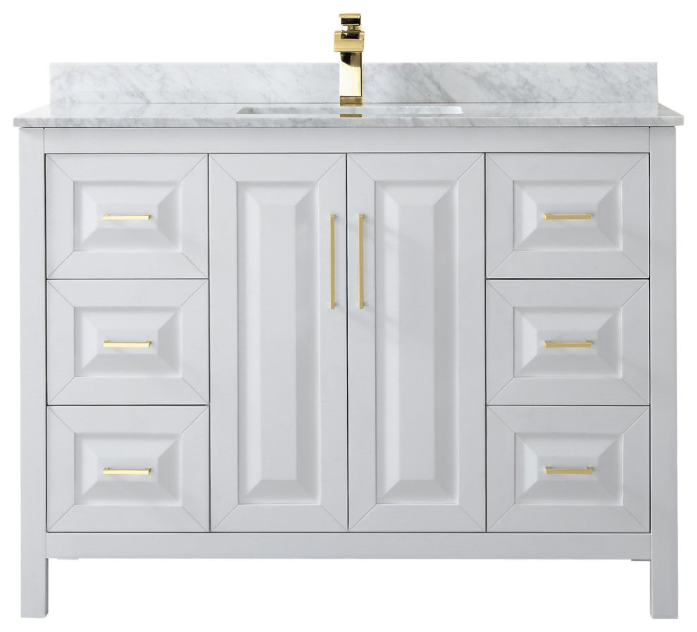 48" Single Bath Vanity, White, White Carrara Countertop, Sink, Gold Trim