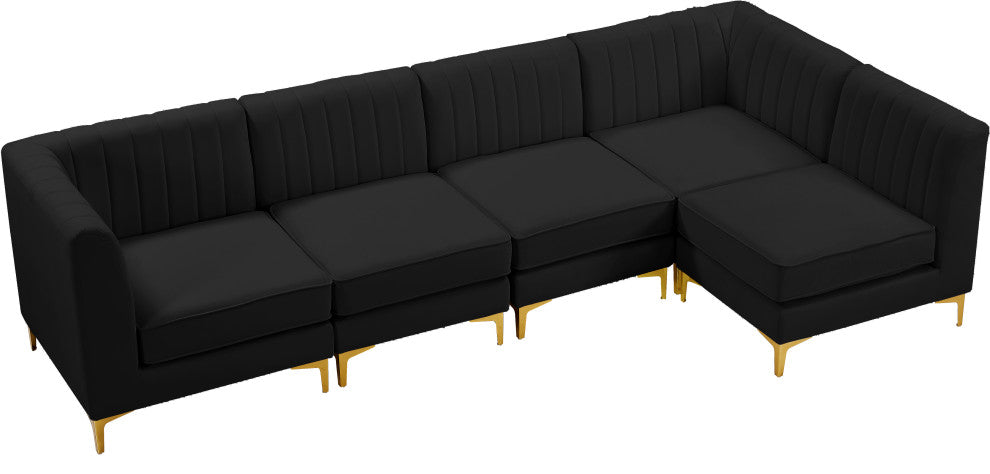 Alina Velvet Modular L-Shaped Modular Sectional, Black, 5-Piece: 3 Armless Chair, 2 Corner Chair