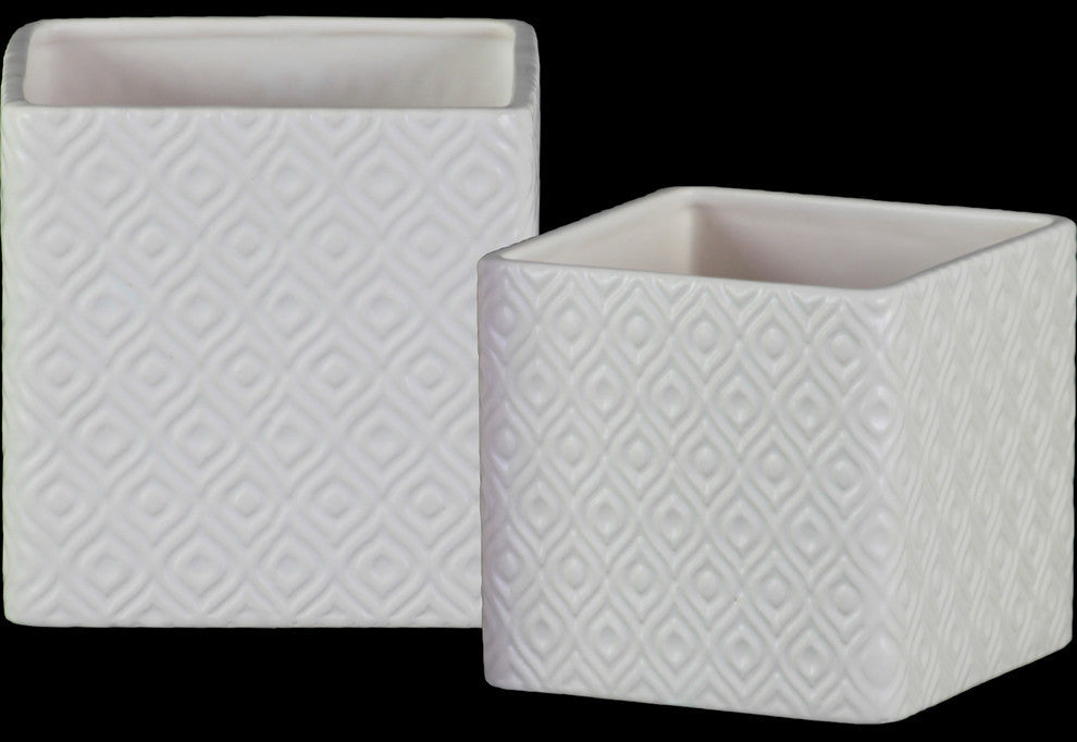 2-Piece Ceramic Square Pot Set, Embossed Diamond Design Body, White