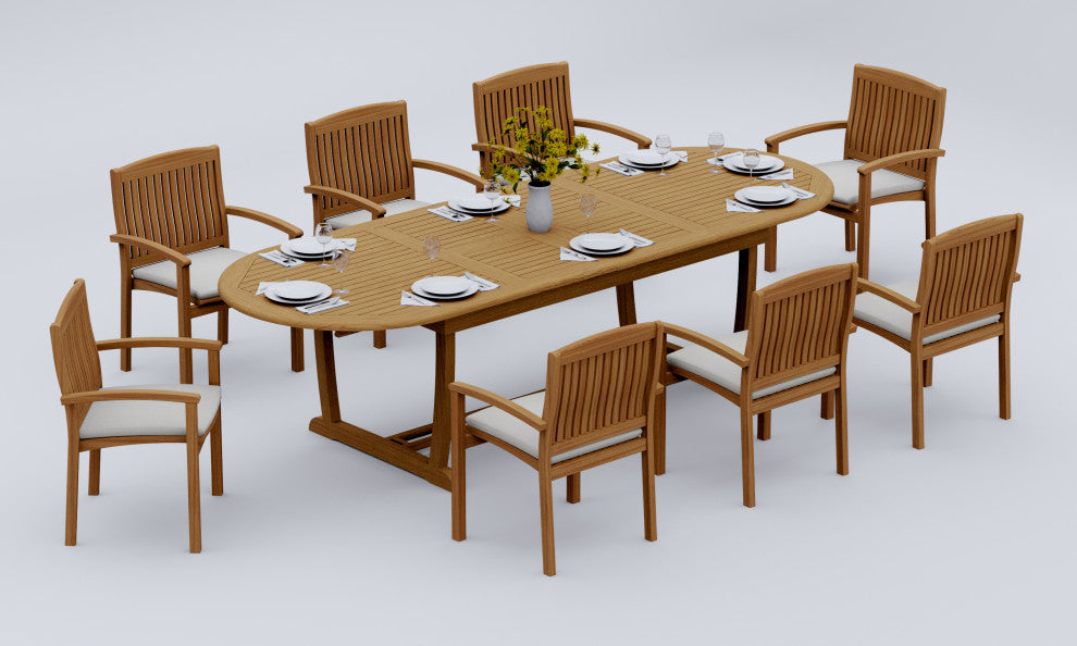 9-Piece Outdoor Teak Dining Set: 117" Oval Table, 8 Wave Stacking Arm Chairs