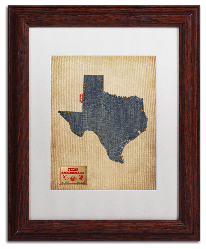 'Texas Map Denim Jeans Style' Matted Framed Canvas Art by Michael Tompsett