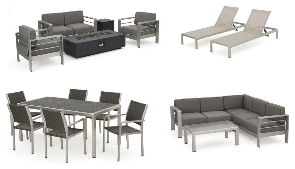 GDF Studio 17-Piece Grand Patio Sectional, Lounge, Dining Set and Fire Table, Wicker Top Tables
