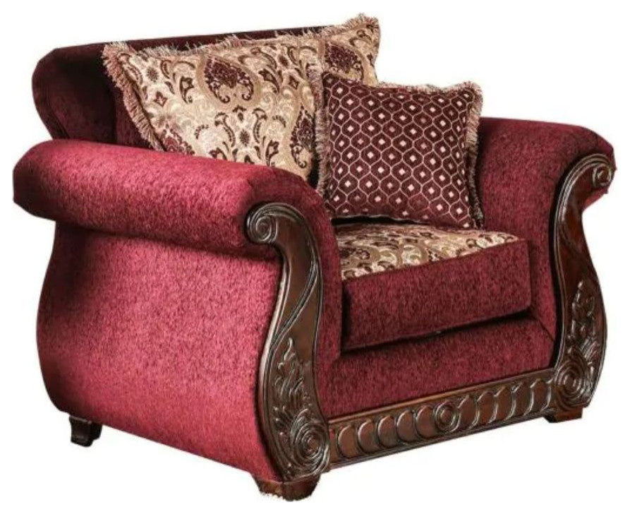 Fabric Upholstered Chair with Rolled Arms Design, Wine, Gold
