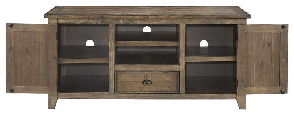 Farmhouse TV Console, Pine Wood Frame With Drawer and Cabinets, Reclaimed Natura