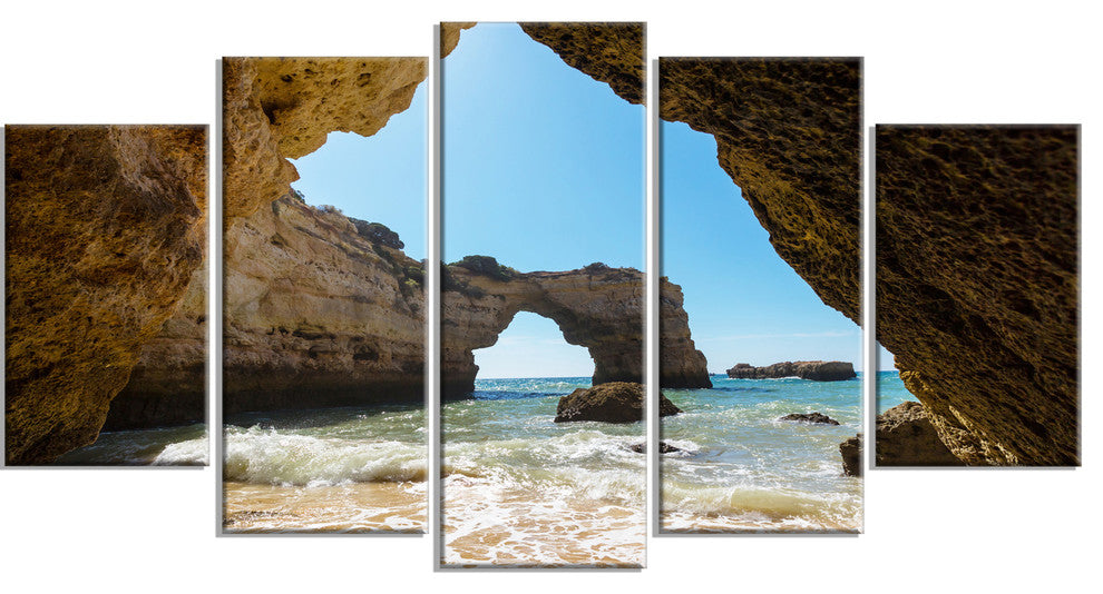 Portugal Coast with Amazing Caves, Landscape Canvas Art, 60"x32", 5 Panels