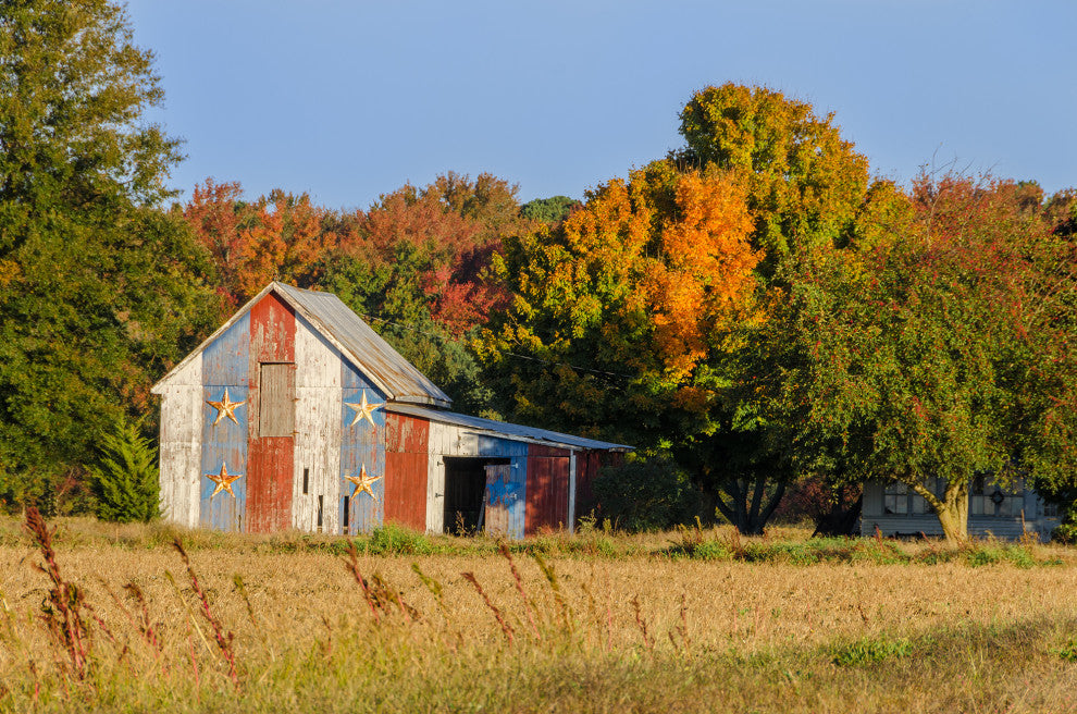 Patriotic Barn in Field Rural Landscape Framed Photo Paper Wall Art Prints, Red Oak, 16" X 20"