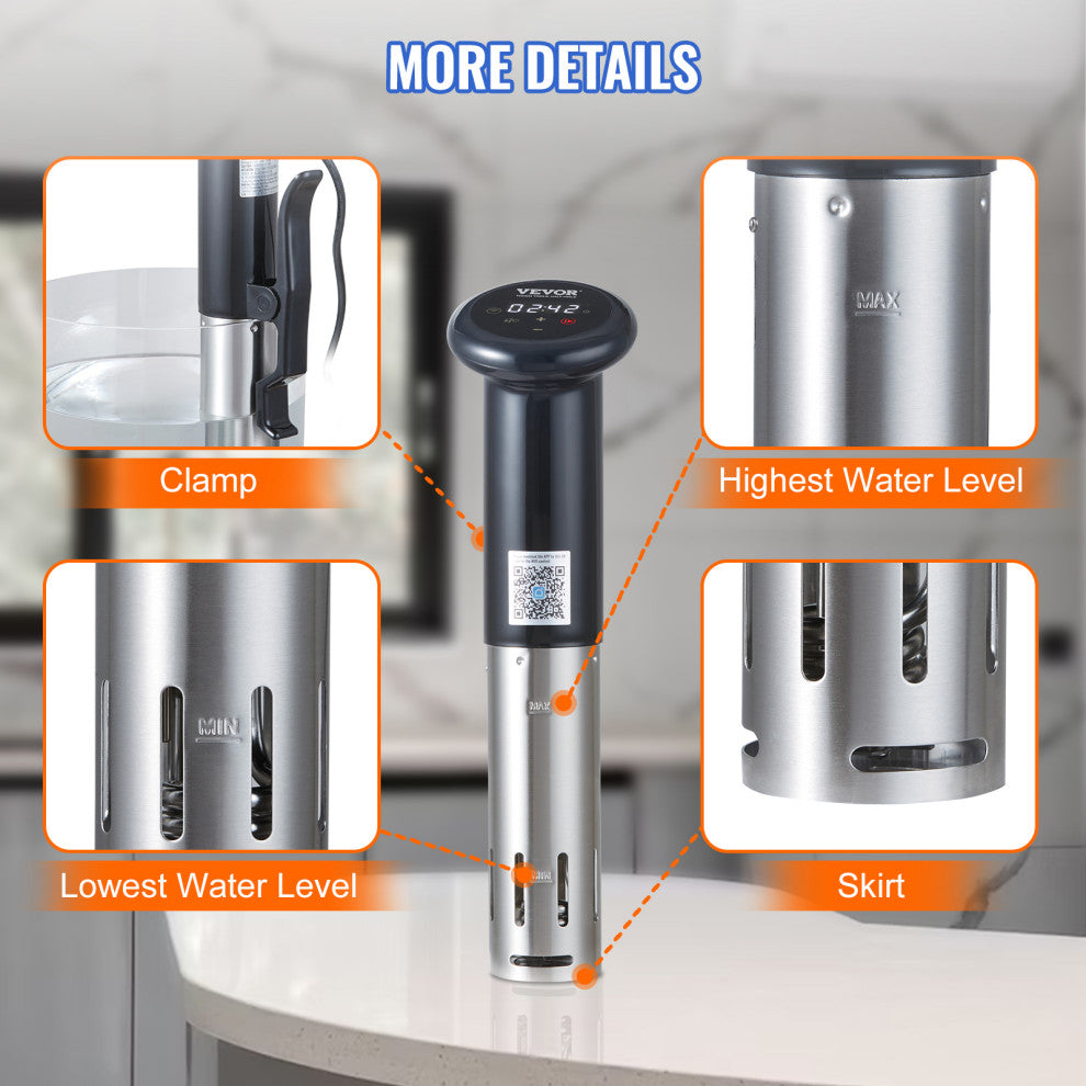 VEVOR Sous Vide Machine Cooker 1200W Timer Bluetooth Wi-Fi App Touch Control