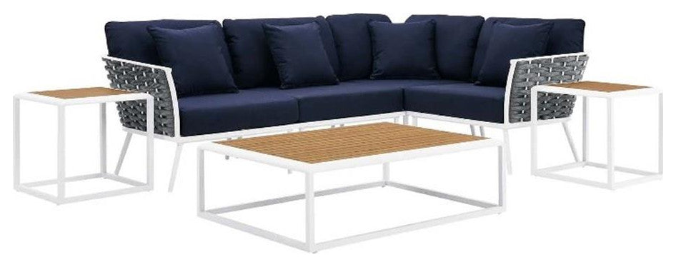 7 Piece Patio Aluminum Outdoor Patio Aluminum Sectional Sofa Set, White Navy