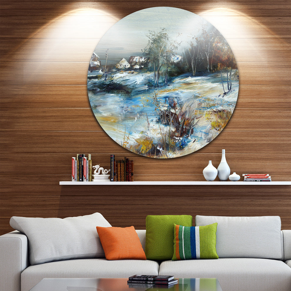 Village In Winter, Landscape Round Wall Art, 11"
