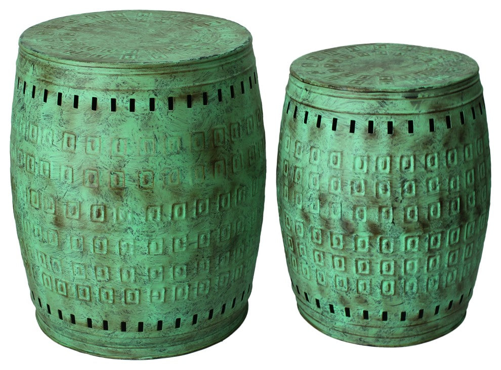 Saffron Fabs Hand Hammered 2-Piece Metal Stool, Green Verdigris