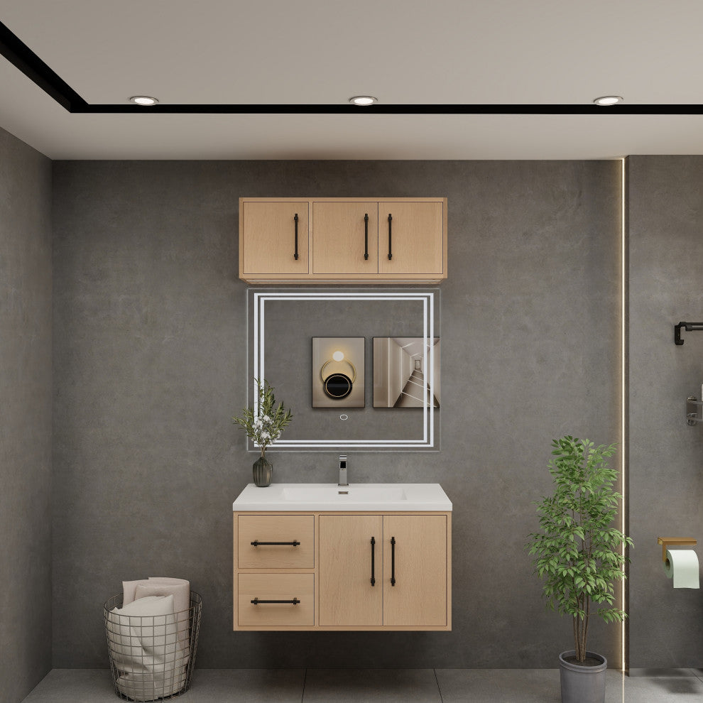 Victoria 36" Solid Wood Bath Vanity, Overhead Cabinet, Yellow Oak