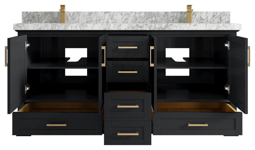 Boston 72" Double Sink Bath Vanity, Wrought Iron 2" Carrara Marble