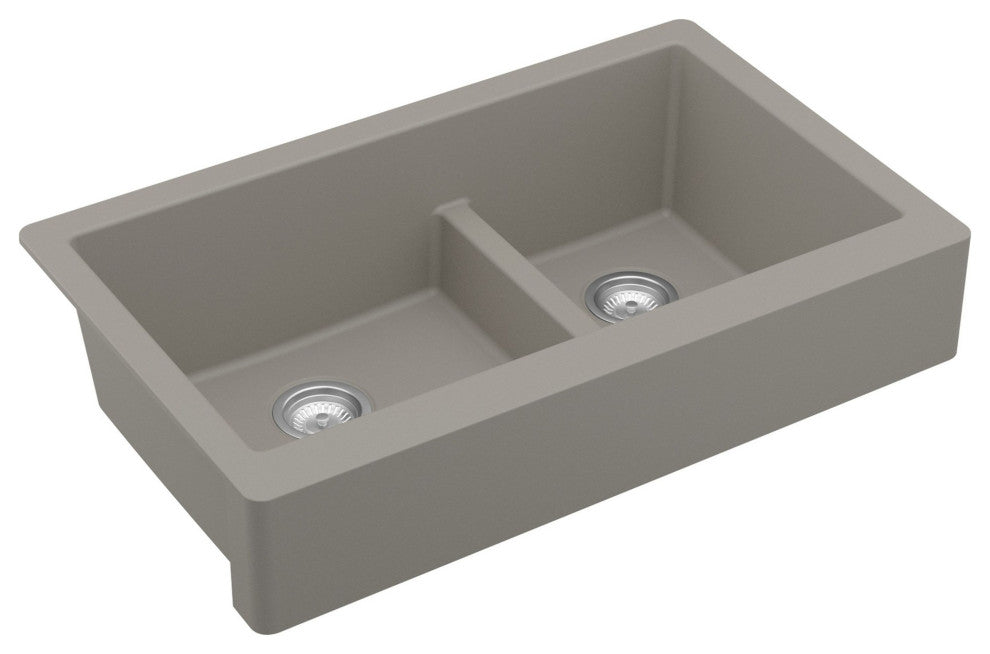 Karran Retrofit Farmhouse Quartz 34" Double Offset Bowl Sink Kit, Concrete