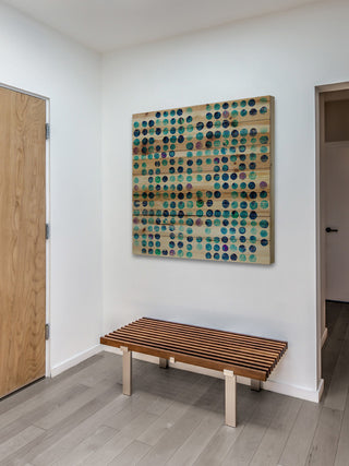 "Multi Blue Dots" Painting Print on Natural Pine Wood