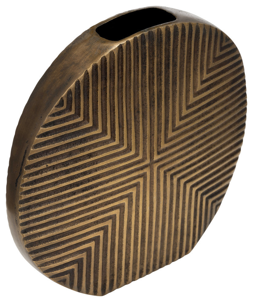 Metal, 13"H Round Ribbed Vase, Brass Antique