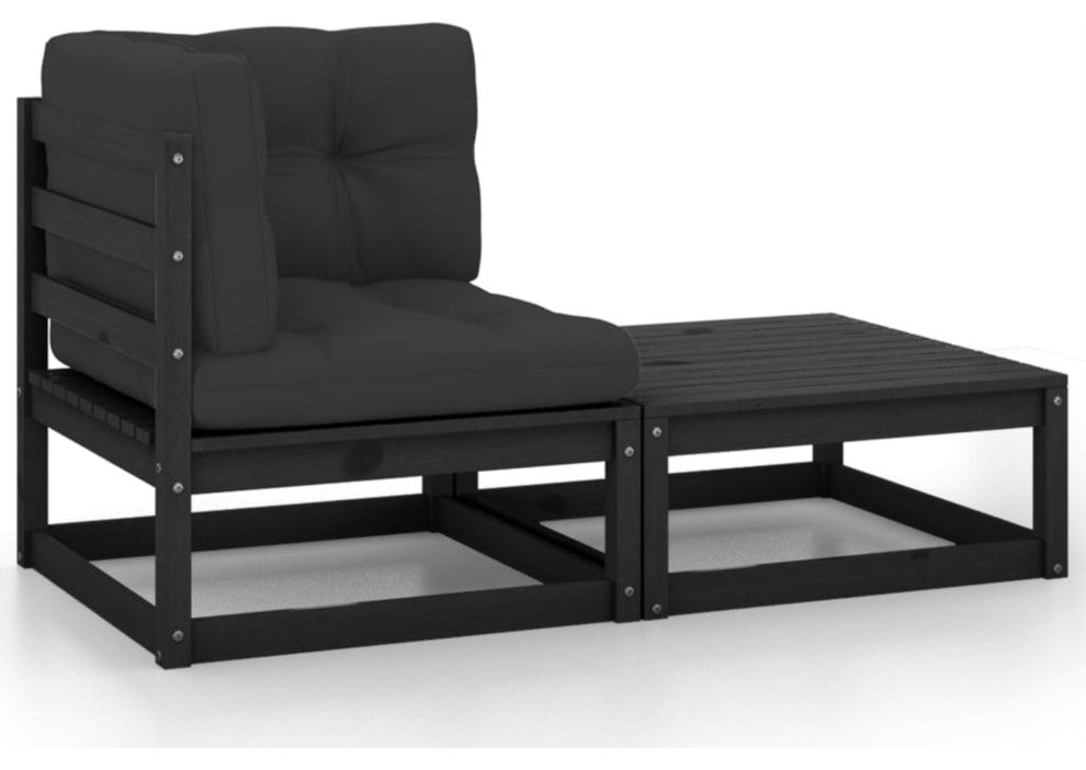 vidaXL 2 Piece Patio Lounge Set with Cushions Black Solid Pinewood