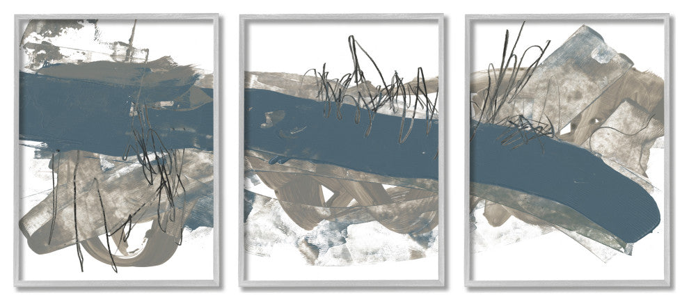 Abstract Line Painting Bold Blue Busy Grey Movement,3pc, each 24 x 30