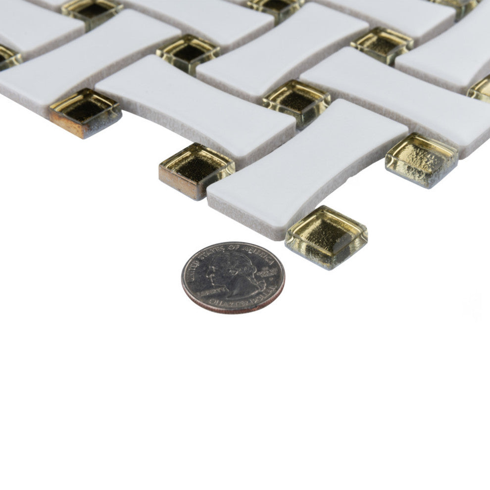Metro Dog Bone Basketweave With Glass Gold Dot Porcelain Mosaic Wall Tile Sample