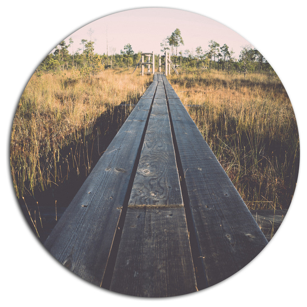 Wood Footpath On The Bog In Fall, Landscape Disc Metal Artwork, 11"
