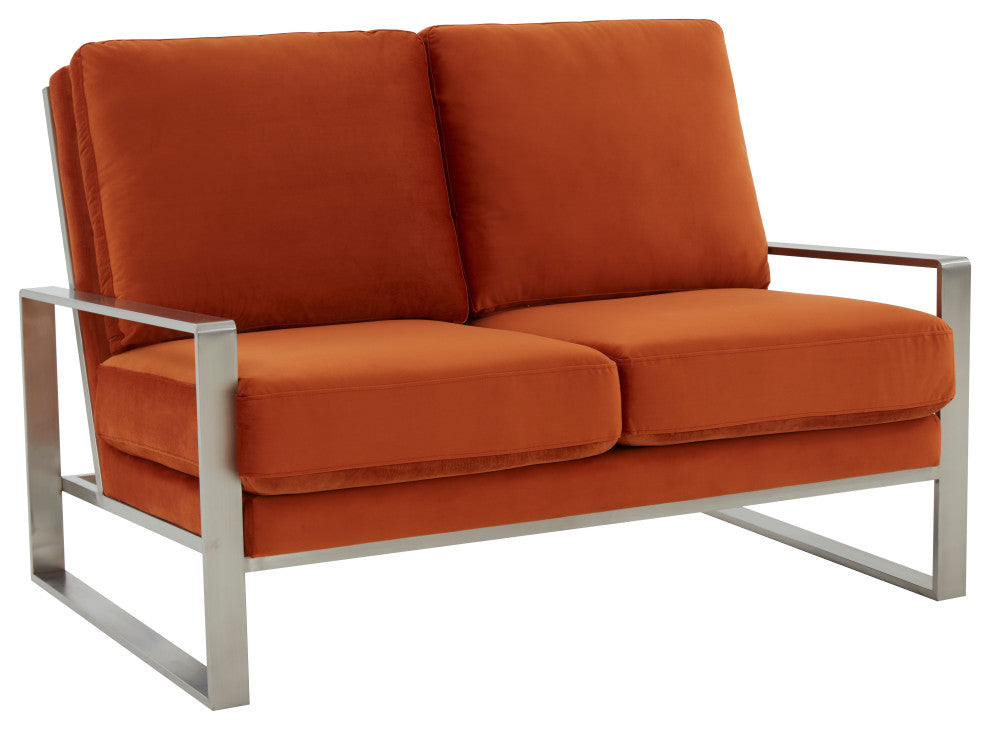 LeisureMod Jefferson Modern Design Velvet Loveseat With Silver Frame, Orange