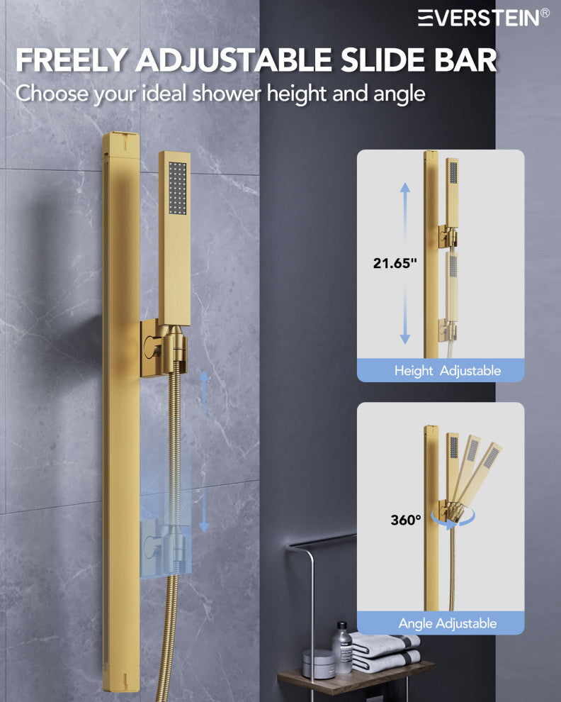 LED Thermostatic Shower System Rain Shower Head With 6 Body Jets, Brushed Gold, 23"x15", Slide Bar