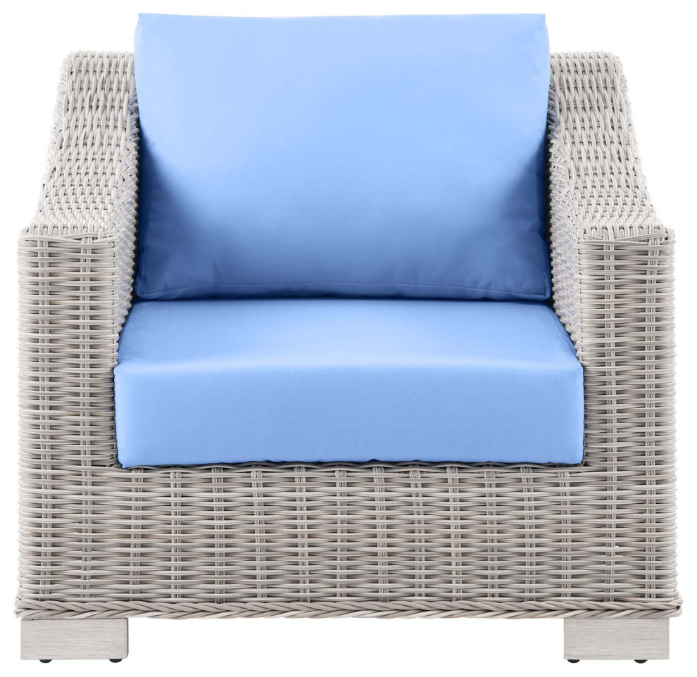 Side Chair Armchair, Rattan, Wicker, Gray Blue, Modern, Outdoor Patio Cafe
