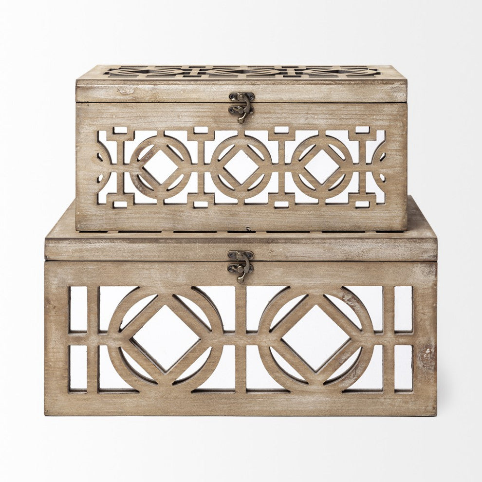 Set of Two Brown Mirrored Wooden Boxes