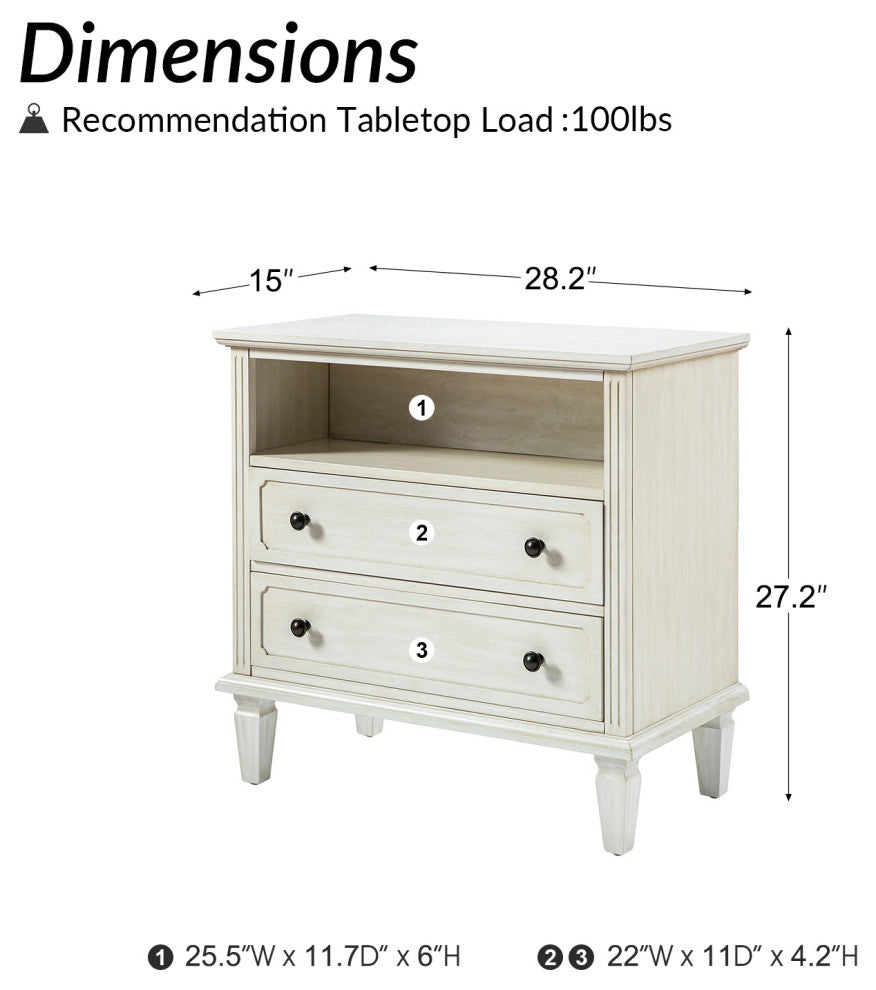 Drawer Solid Wood Nightstand Set of 2, White