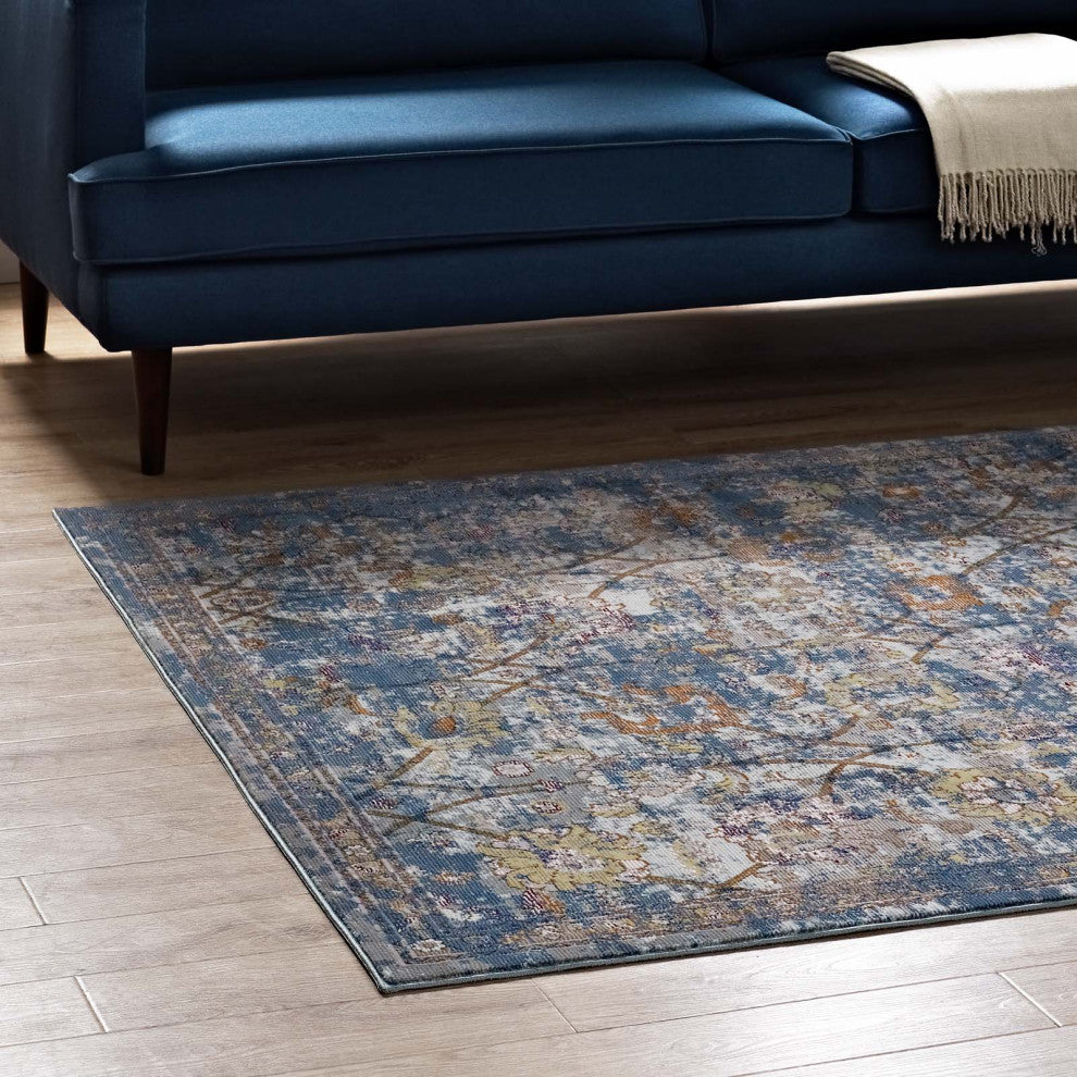 Blue Gray, Yellow and Orange Minu Distressed Floral Lattice 4x6 Area Rug