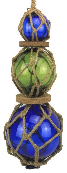 Blue, Green, Blue Japanese Glass Ball Fishing Floats with Brown Netting Decor