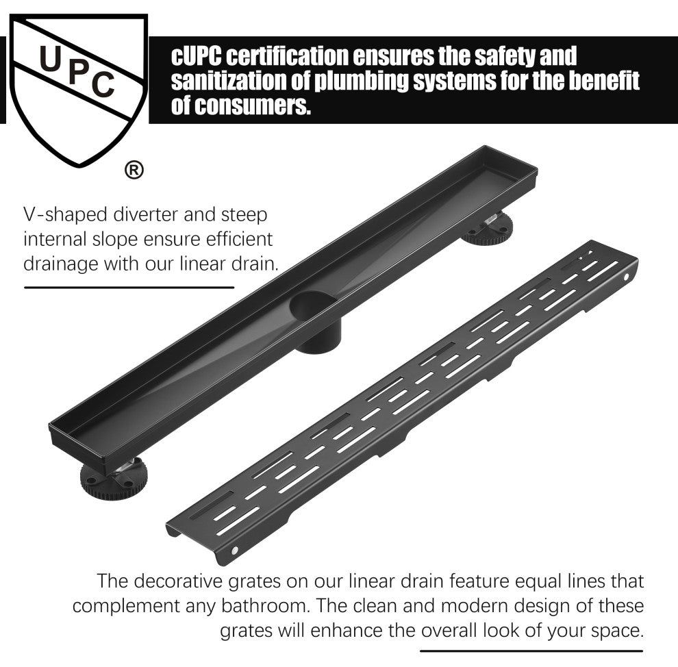 Linear Floor Drain with Removable Decorative Cover UPC certified, Matt Black, 12"