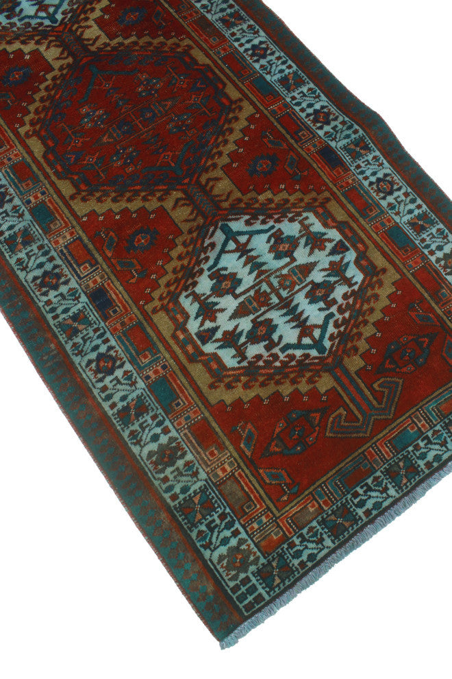 Fine Vintage Distressed Janny Red/Light Blue Runner, 3'3x10'7