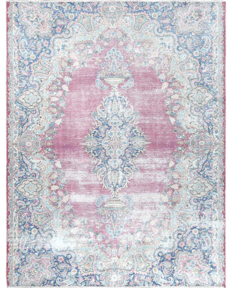 Vintage Persian Kerman, Worn Wool, Hand Knotted, Pink, Oriental Rug, 6'7" x 8'7"