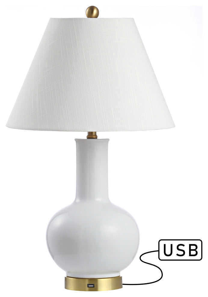 Han 27" Ceramic Contemporary USB Charging LED Table Lamp, White