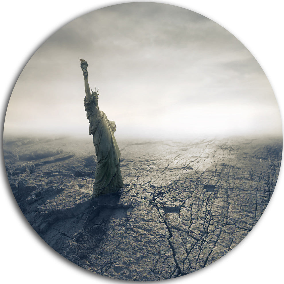 Statue Of Liberty In Dried Field, Landscape Disc Metal Wall Art, 11"