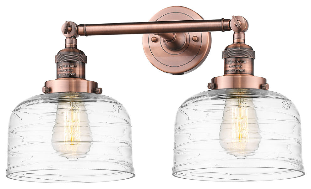 Large Bell 2 Light Bath Vanity Light, Antique Copper, Clear Deco Swirl