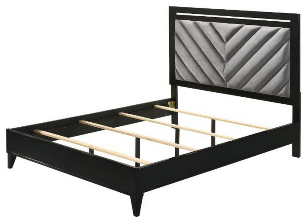 Benzara BM252724 Queen Bed With Padded Headboard and Metal Trim, Gray and Black