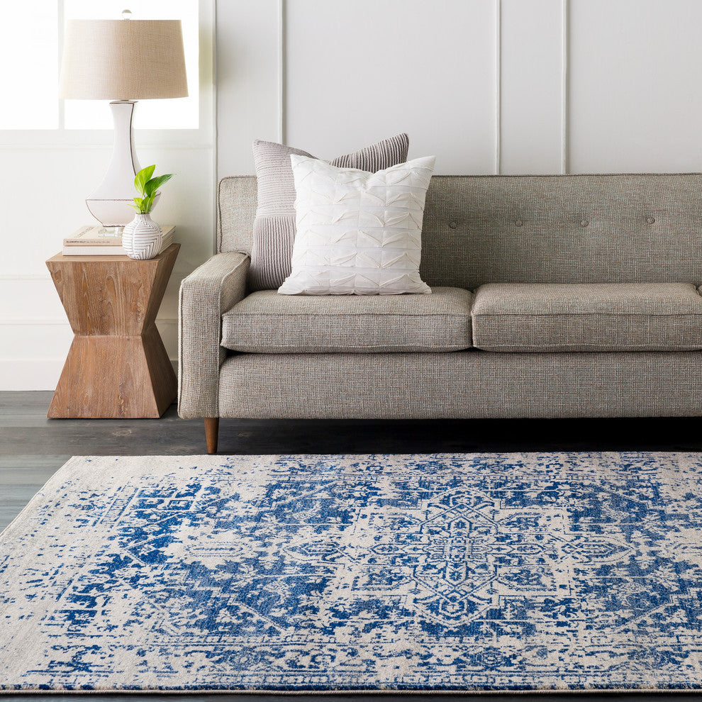 Harput Traditional Dark Blue, Light Gray Area Rug, 2'7"x7'3"